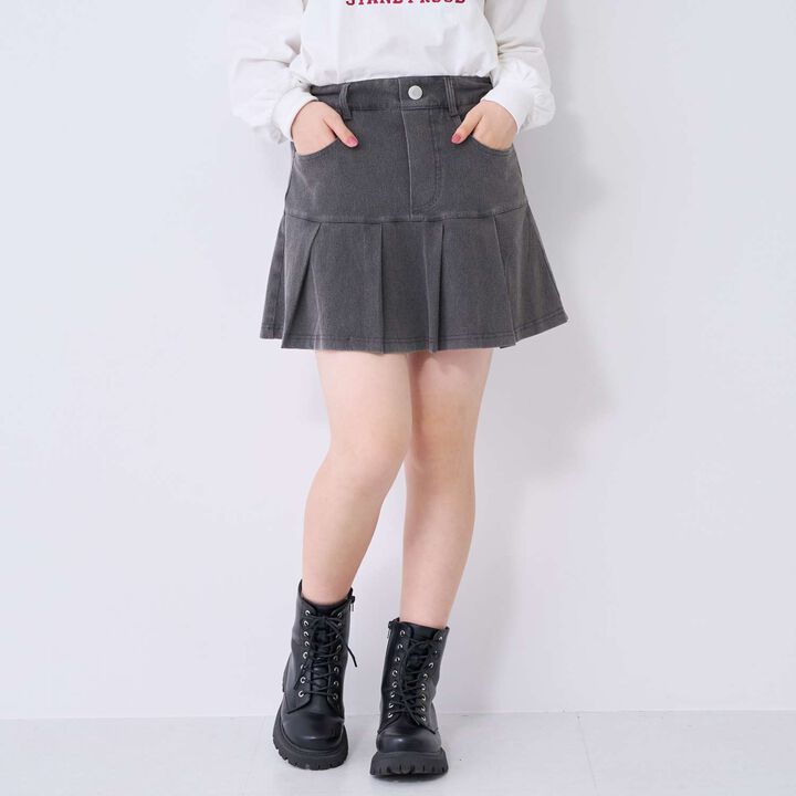 [Stretch] Denim-Look Cut Pleated Skirt,Blue, medium image number 6