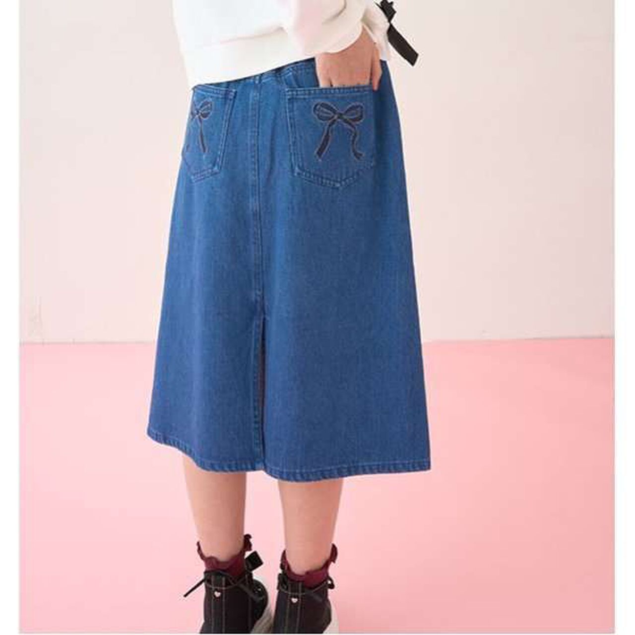 Pearl & Rhinestone Denim Midi Skirt,Black, large image number 3