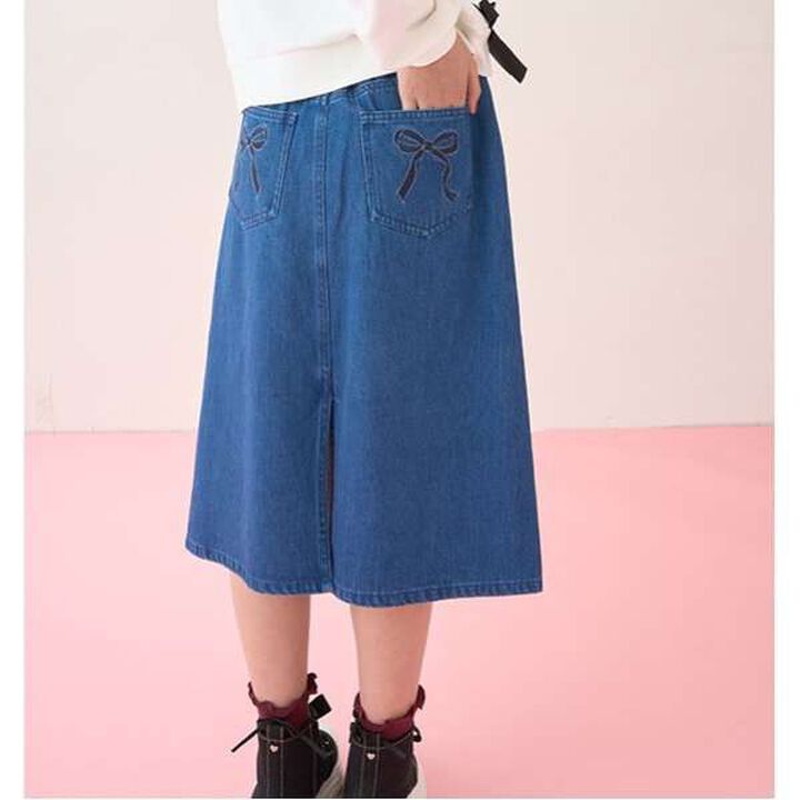 Pearl & Rhinestone Denim Midi Skirt,Black, medium image number 3