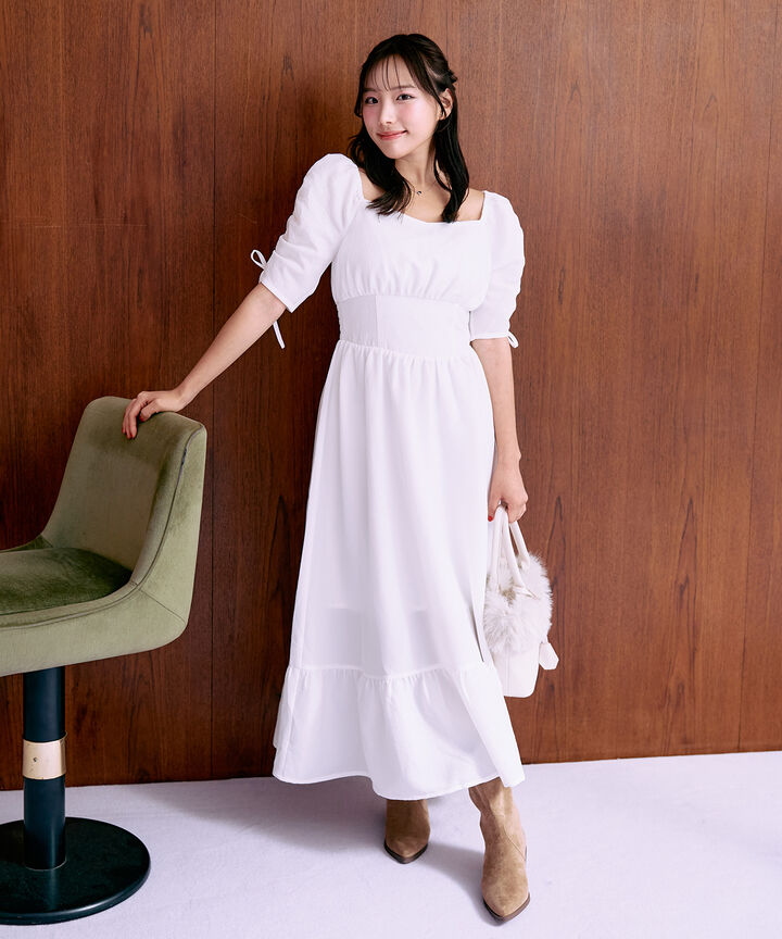 Shirred Sleeve One-Piece Dress [Korean Fashion],Off white, medium image number 4