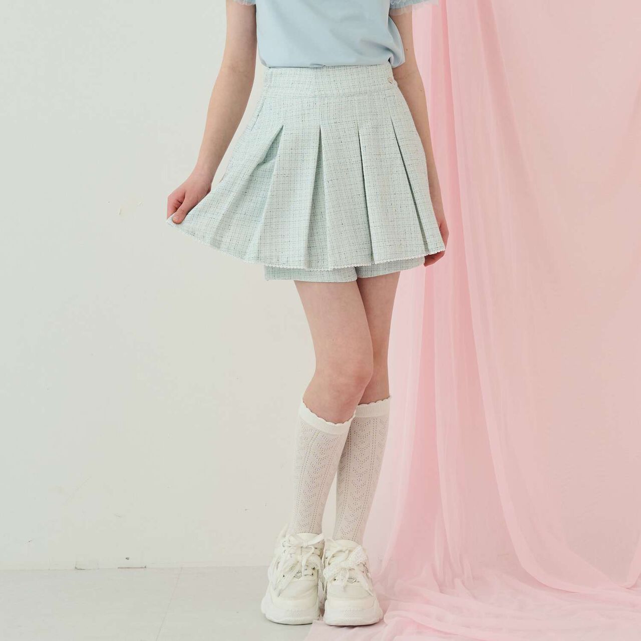 Lame Tweed Tacked Flare Shorts♪,Light blue, large image number 13