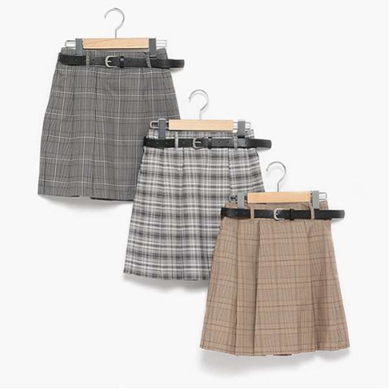 Belted Check Pleated Skirt-Pants,Brown, large image number 6