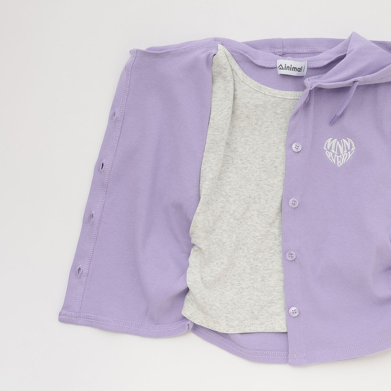 Ribbed Fabric Faux Layered Short-Sleeve Hoodie,Lavender, large image number 8