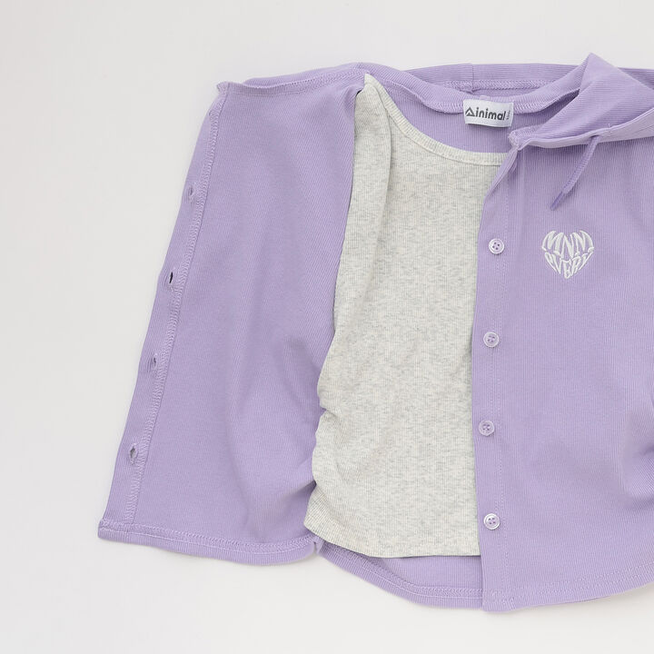 Ribbed Fabric Faux Layered Short-Sleeve Hoodie,Lavender, medium image number 8