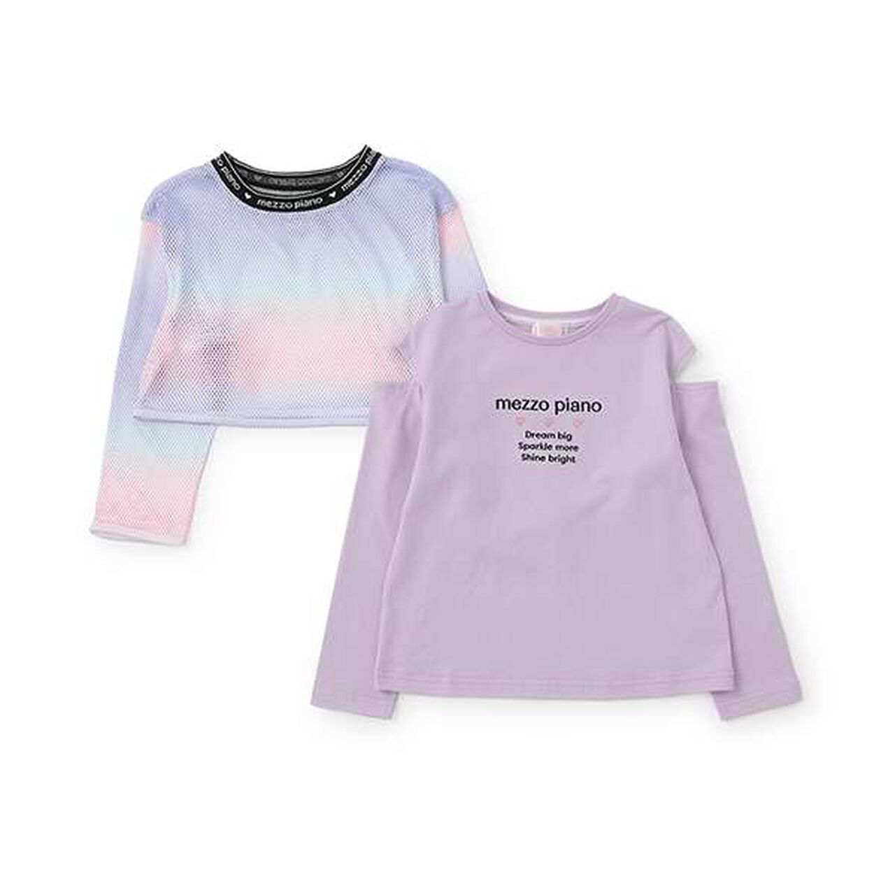 Gradient Mesh & Shoulder Cut Long Sleeve T-Shirt Set,Lilac, large image number 4