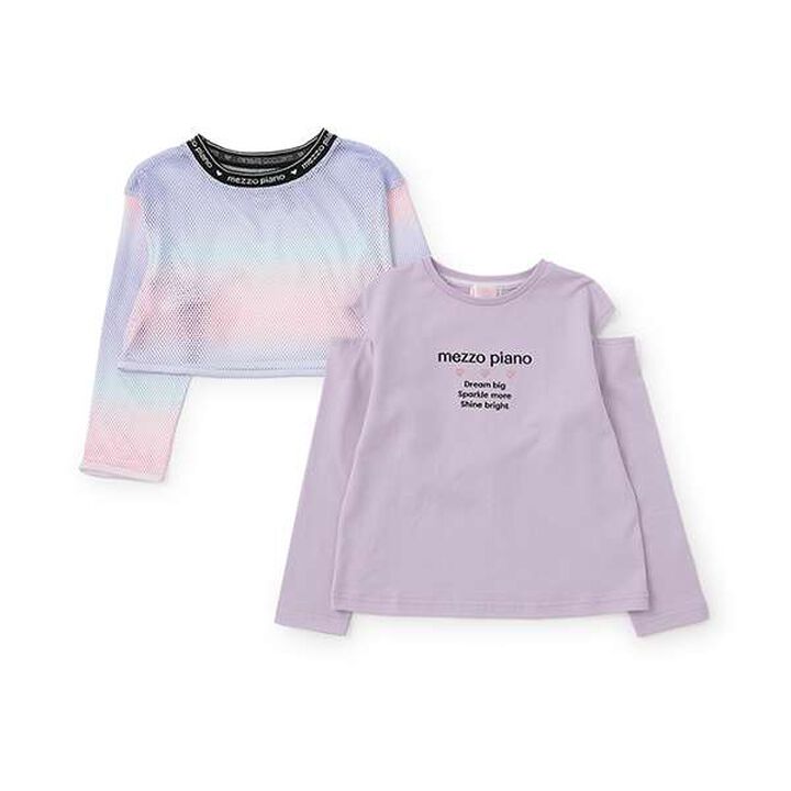 Gradient Mesh & Shoulder Cut Long Sleeve T-Shirt Set,Lilac, medium image number 4