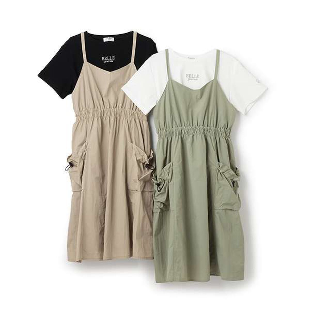 Gathered Camisole One-Piece Dress + T-Shirt Set,Beige, large image number 15