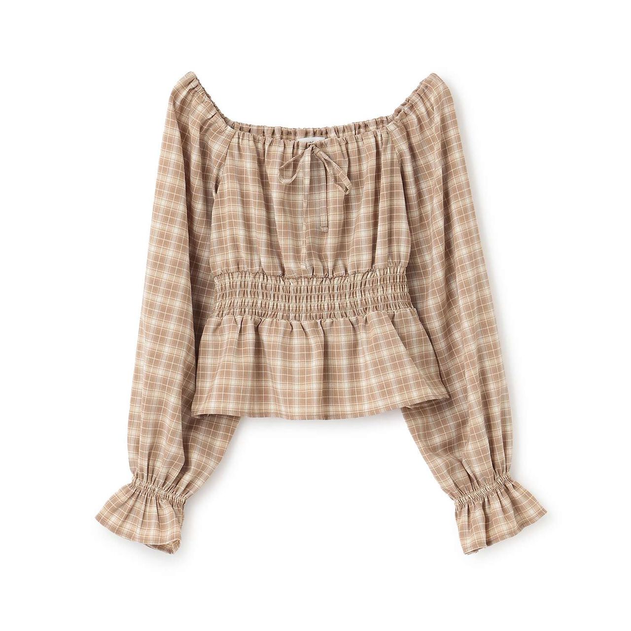 Checkered Off-Shoulder Blouse,Off white, large image number 5