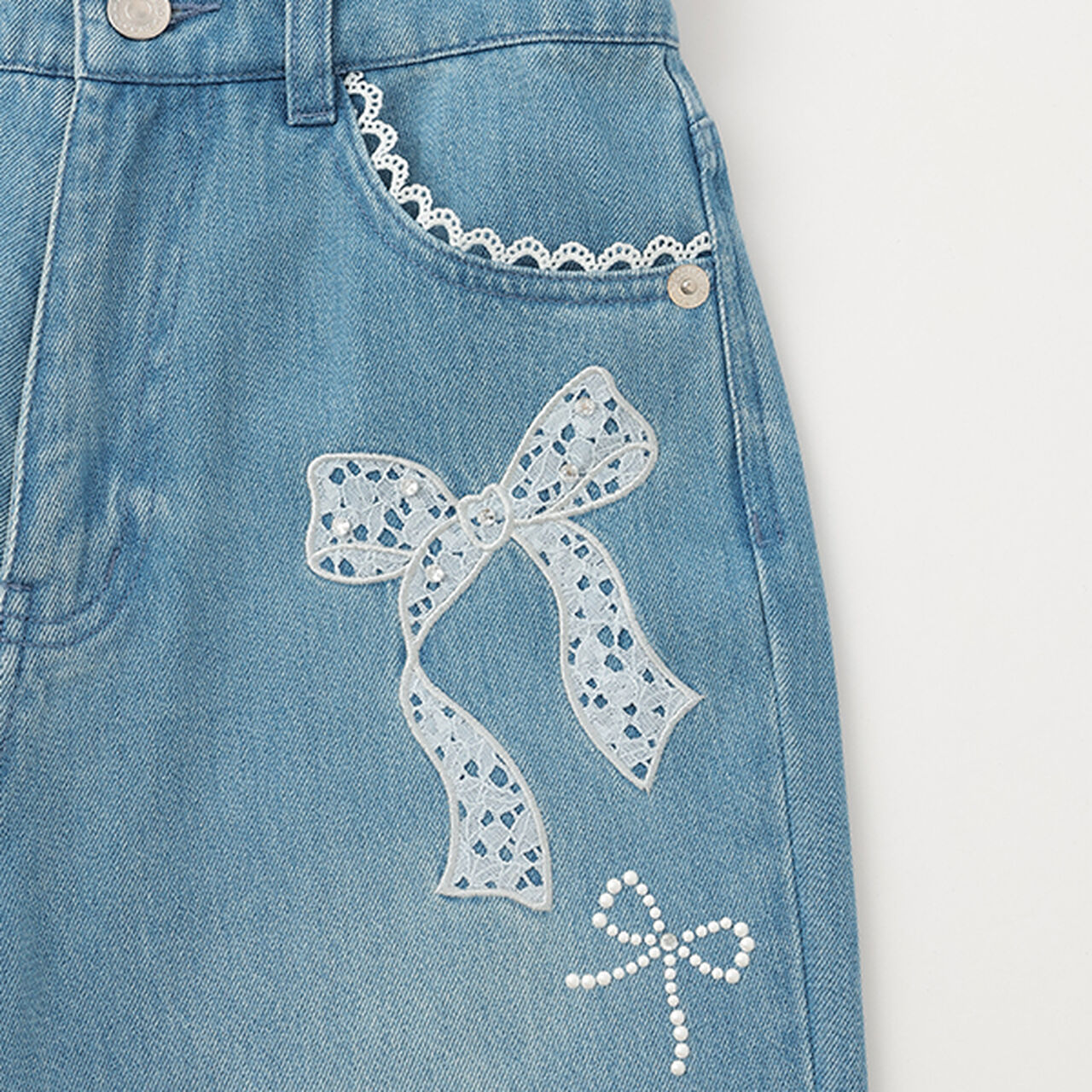 Lace Appliqué Slim Fit Loose Straight Denim Pants,Light blue, large image number 6