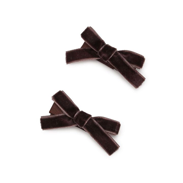 Velour Ribbon Hair Clips 2P,Brown, medium image number 0