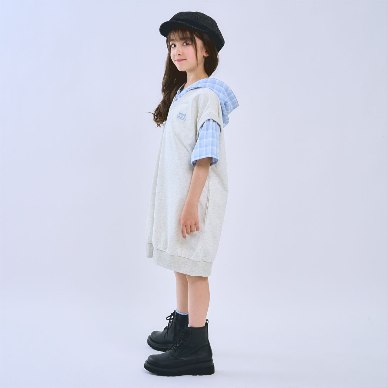 Layered Shirt Hoodie One-Piece Dress,Smoke white, large image number 4