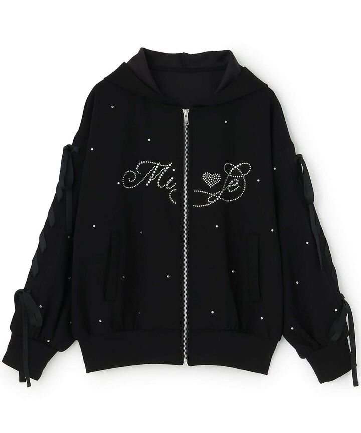 Lace-Up Stone Wash Loose Hoodie,Black, medium image number 6