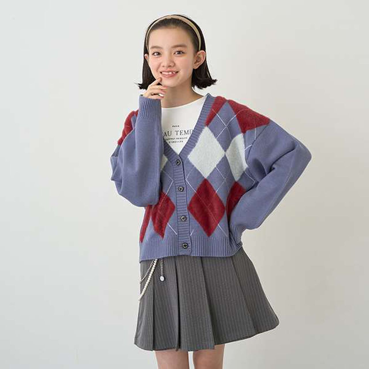 Argyle Shaggy Cardigan T-Shirt Set,Gray, large image number 21