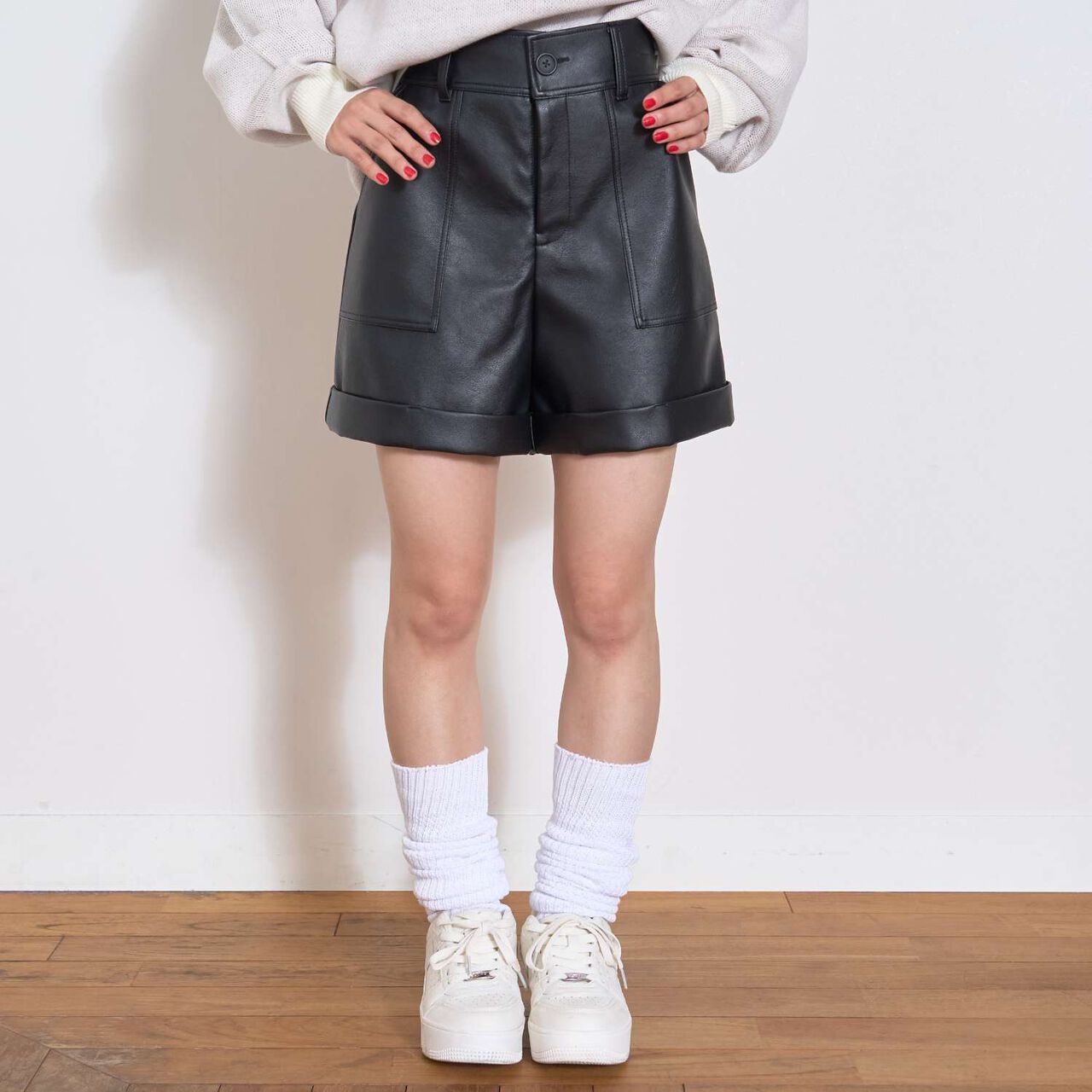 [LTXC] Faux Leather Shorts,Black, large image number 0