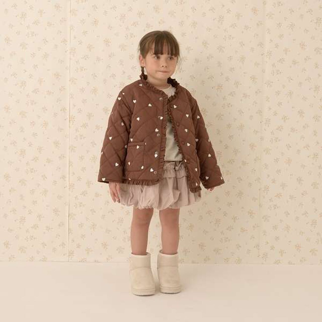 Collarless Heart Embroidered Blouson,Ivory, large image number 5