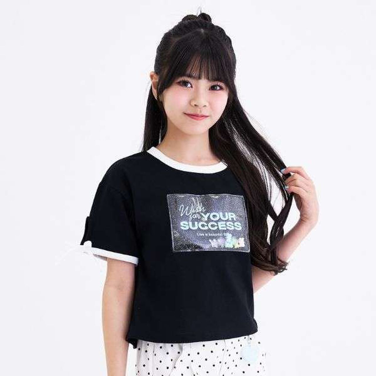 [Cool Touch] Lame Clear Patch Short-Sleeve Ribbon T-Shirt,Black, large image number 3