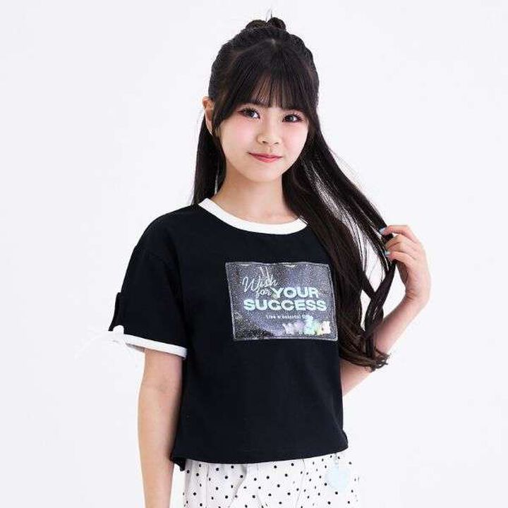 [Cool Touch] Lame Clear Patch Short-Sleeve Ribbon T-Shirt,Black, medium image number 3