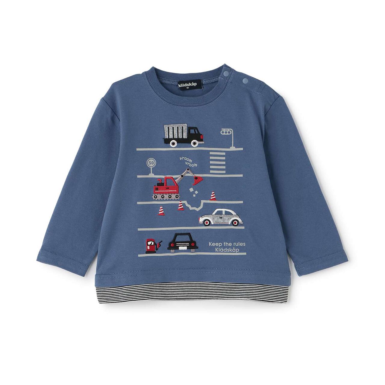 [Popular Item Restocked] [Not Available at Physical Stores] Vehicle Print Stripe Hem Long-Sleeve T-Shirt,Ink blue, large image number 0