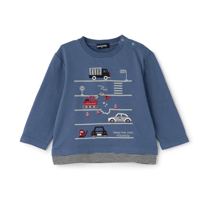 [Popular Item Restocked] [Not Available at Physical Stores] Vehicle Print Stripe Hem Long-Sleeve T-Shirt,Ink blue, medium image number 0
