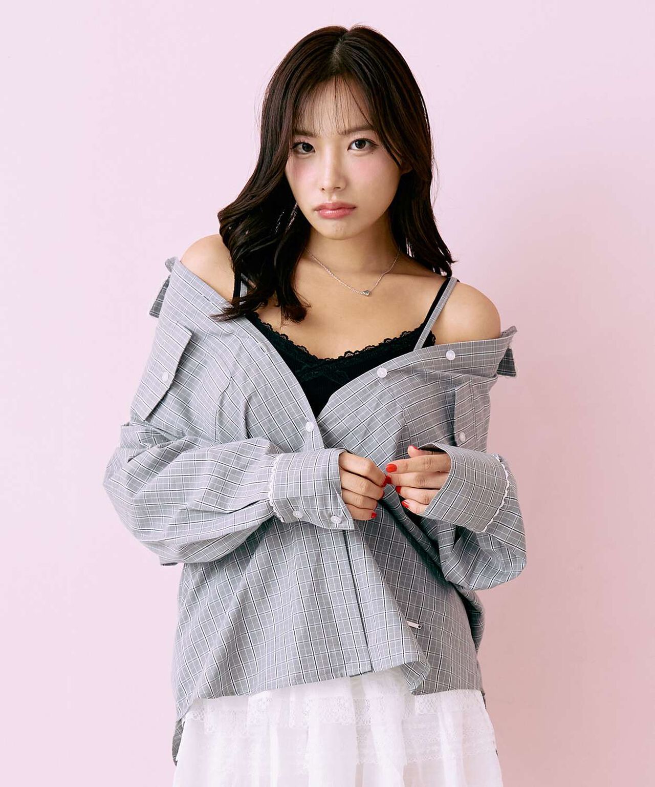 Checkered Shirt with Logo Plate [Korean Fashion],Gray, large image number 0