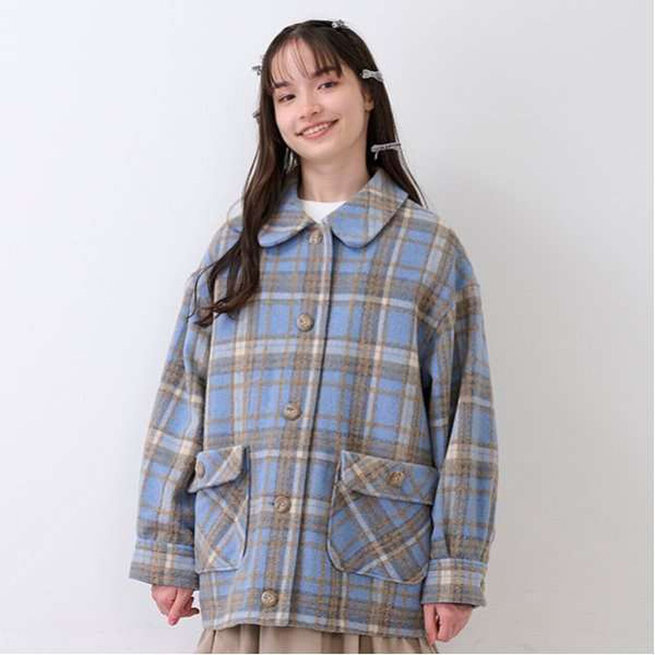 Check Cocoon Coat,Navy, large image number 6