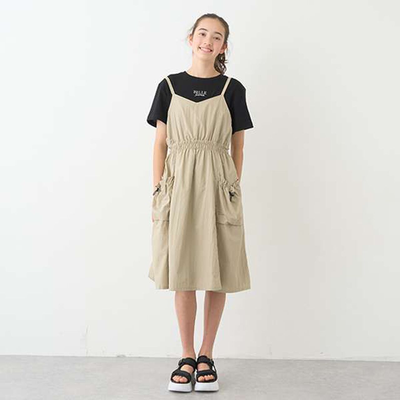 Gathered Camisole One-Piece Dress + T-Shirt Set,Beige, large image number 0