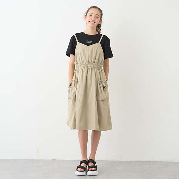 Gathered Camisole One-Piece Dress + T-Shirt Set,Beige, medium image number 0