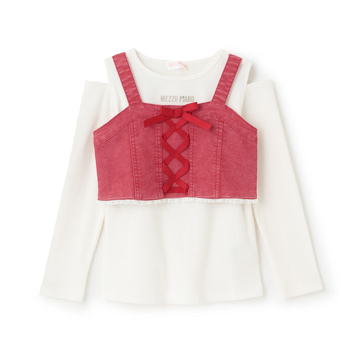 Lace-Up Ribbon Bustier & Long-Sleeve T-Shirt Set,, medium