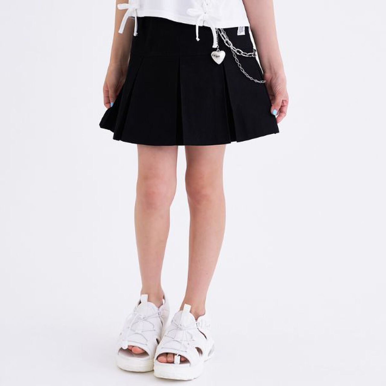 Chain-Accent Pleated Hem Skirt,Black, large image number 0