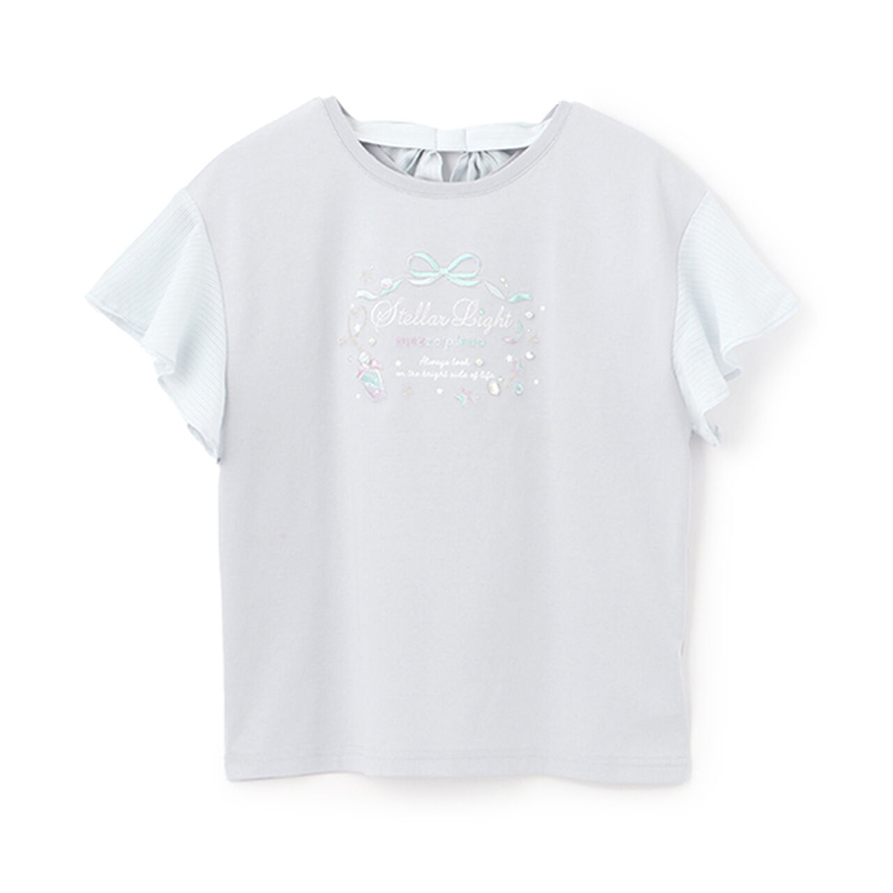 Flare Sleeve Back Ribbon Short Sleeve T-Shirt,Sax blue, large image number 0