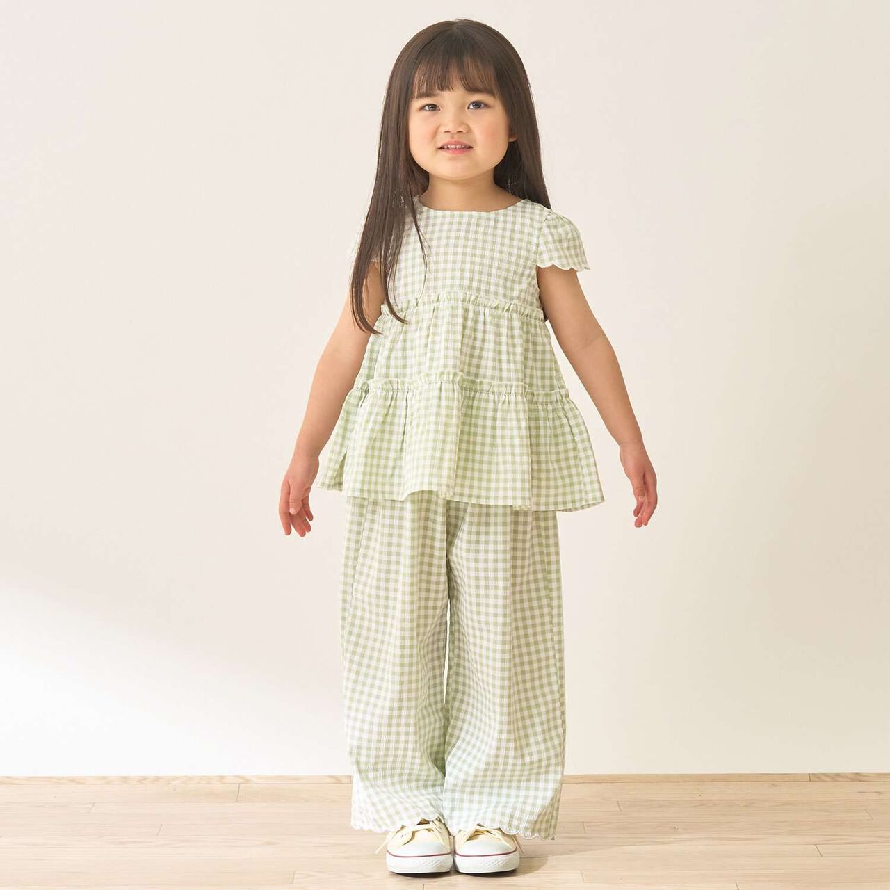 Assorted All-Over Pattern Tiered Blouse & Scallop Trim Pants Set,Emerald green, large image number 0