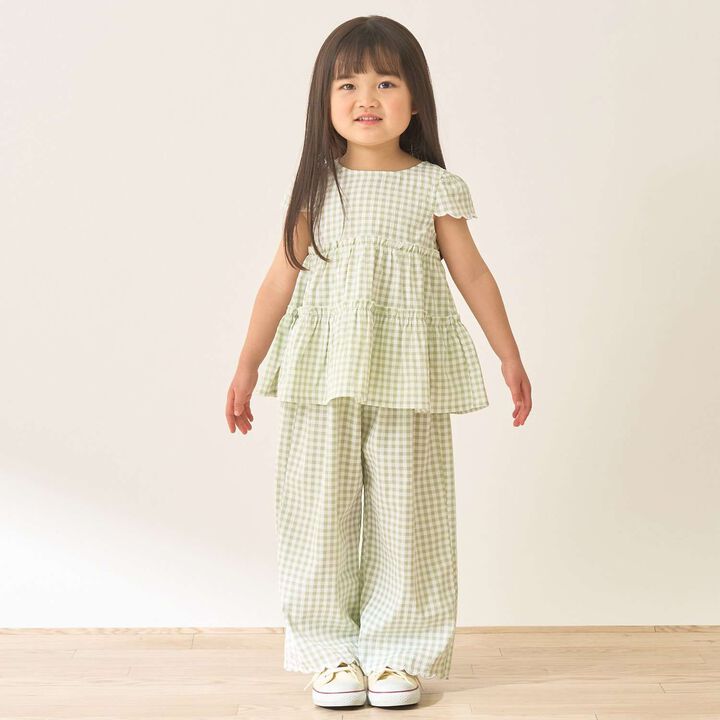 Assorted All-Over Pattern Tiered Blouse & Scallop Trim Pants Set,Emerald green, medium image number 0