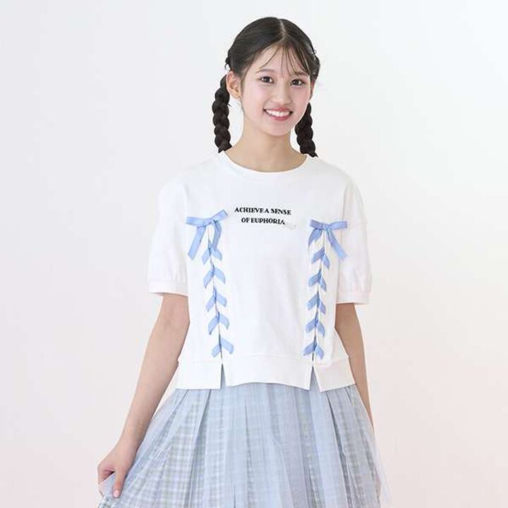 Puff Sleeve Lace-Up T-Shirt,Off white, medium image number 0