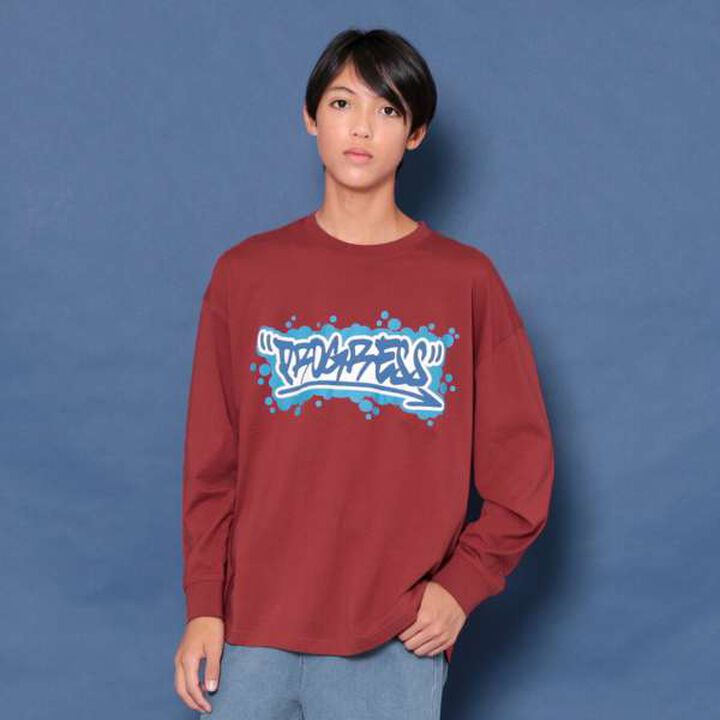 [STREET] Front Graffiti Print Big Long-Sleeve T-Shirt,Black, medium image number 13