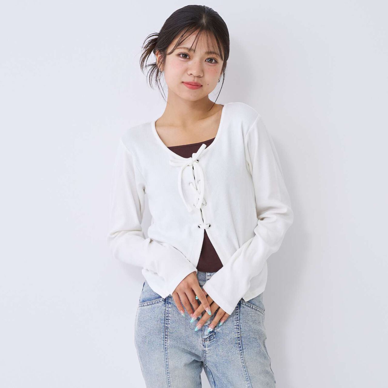 [Antibacterial Deodorizing] Lace-Up Ribbed Long-Sleeve T-Shirt,Green, large image number 2