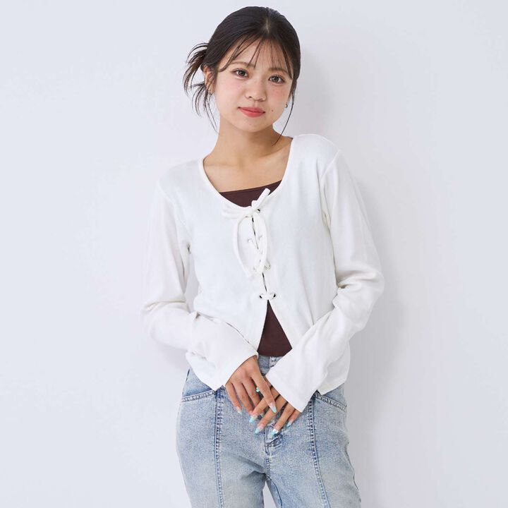[Antibacterial Deodorizing] Lace-Up Ribbed Long-Sleeve T-Shirt,Green, medium image number 2