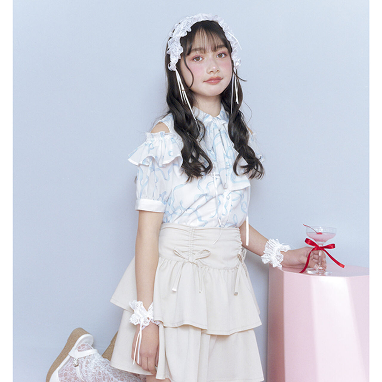 Frill Blouse with Bow Tie and Ribbon Pattern,Light blue, large image number 1