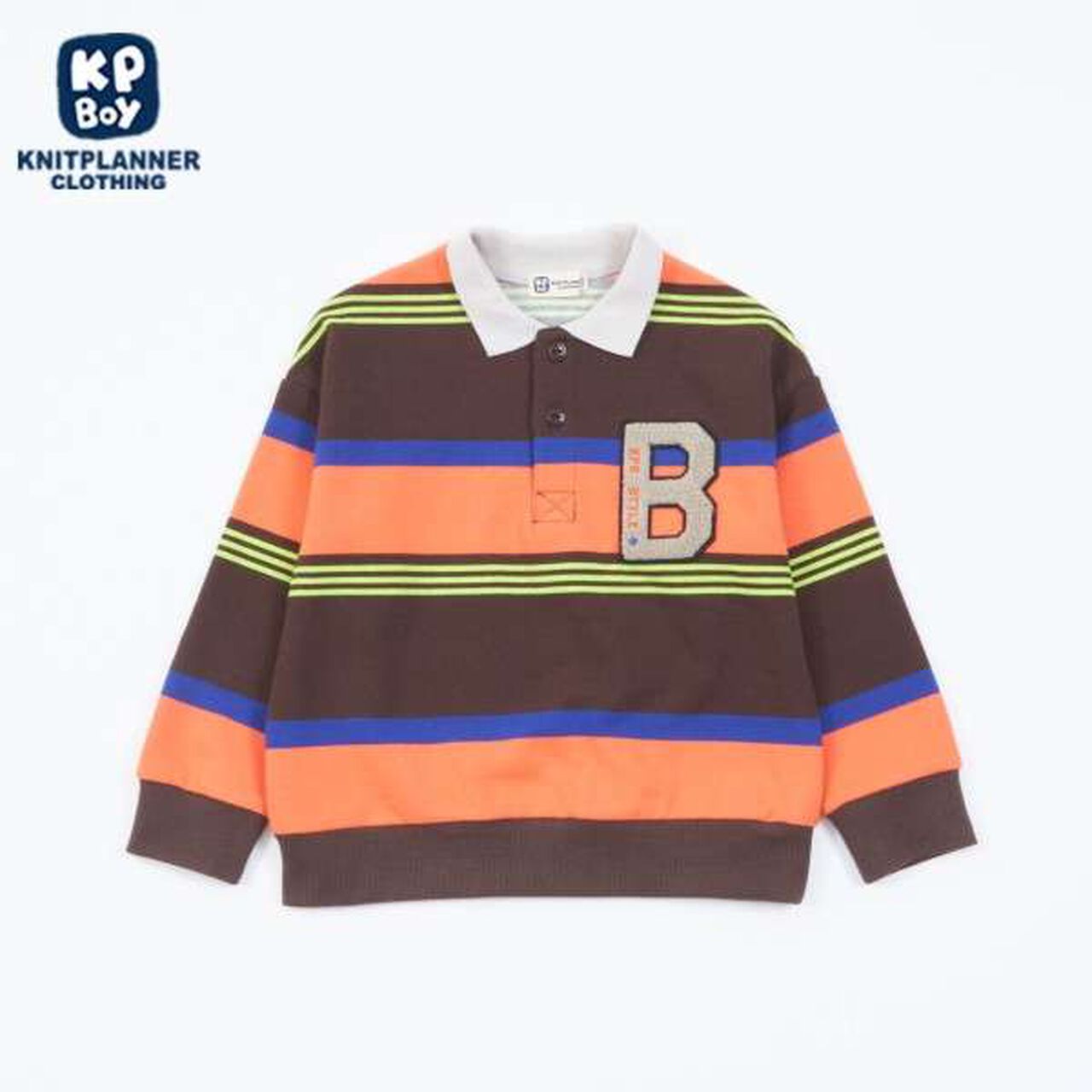 KP Boy Panel Stripe Polo Collar Sweatshirt (100-160),Brown, large image number 0