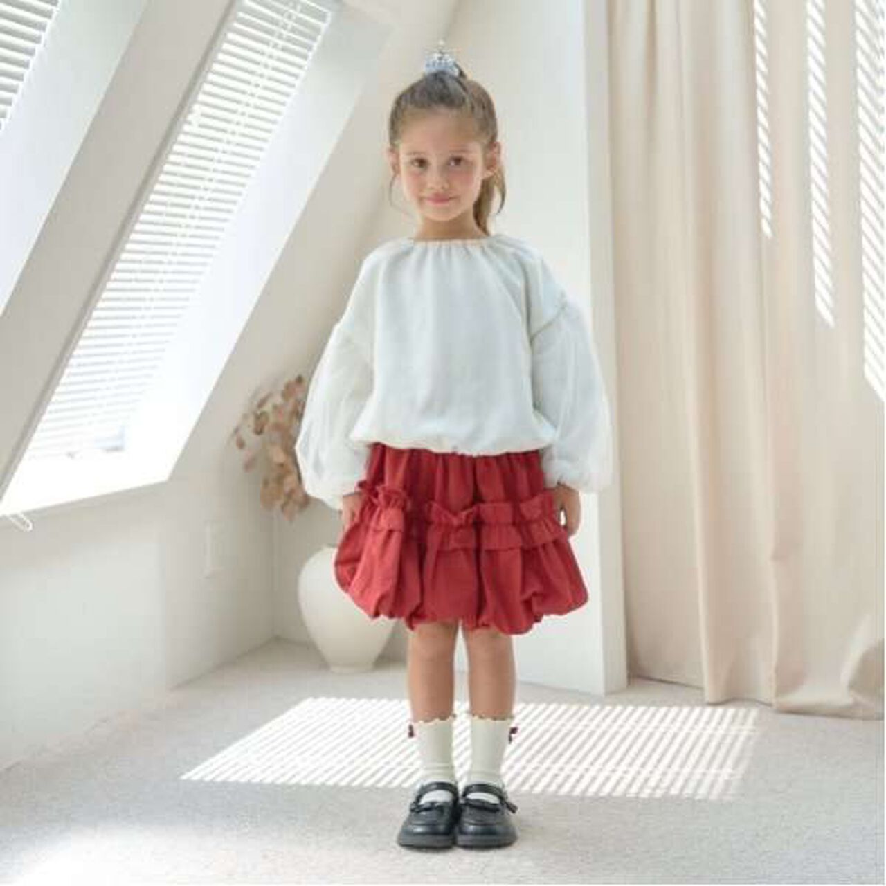 Frilled Balloon Skirt,Deep red, large image number 15