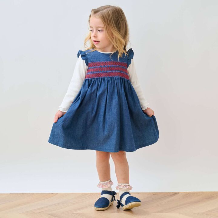 Denim Smocking Jumper Skirt,Navy, medium image number 11