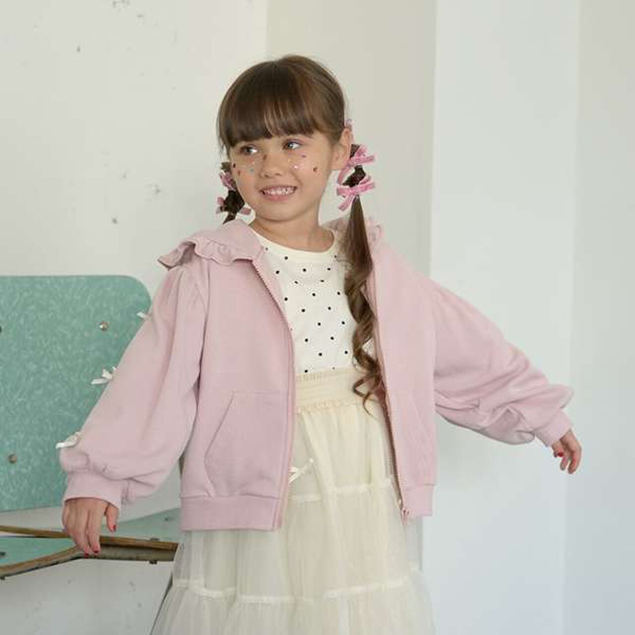 Pilling-Resistant Ribbon Frill Zip Hoodie,Light pink, large image number 0