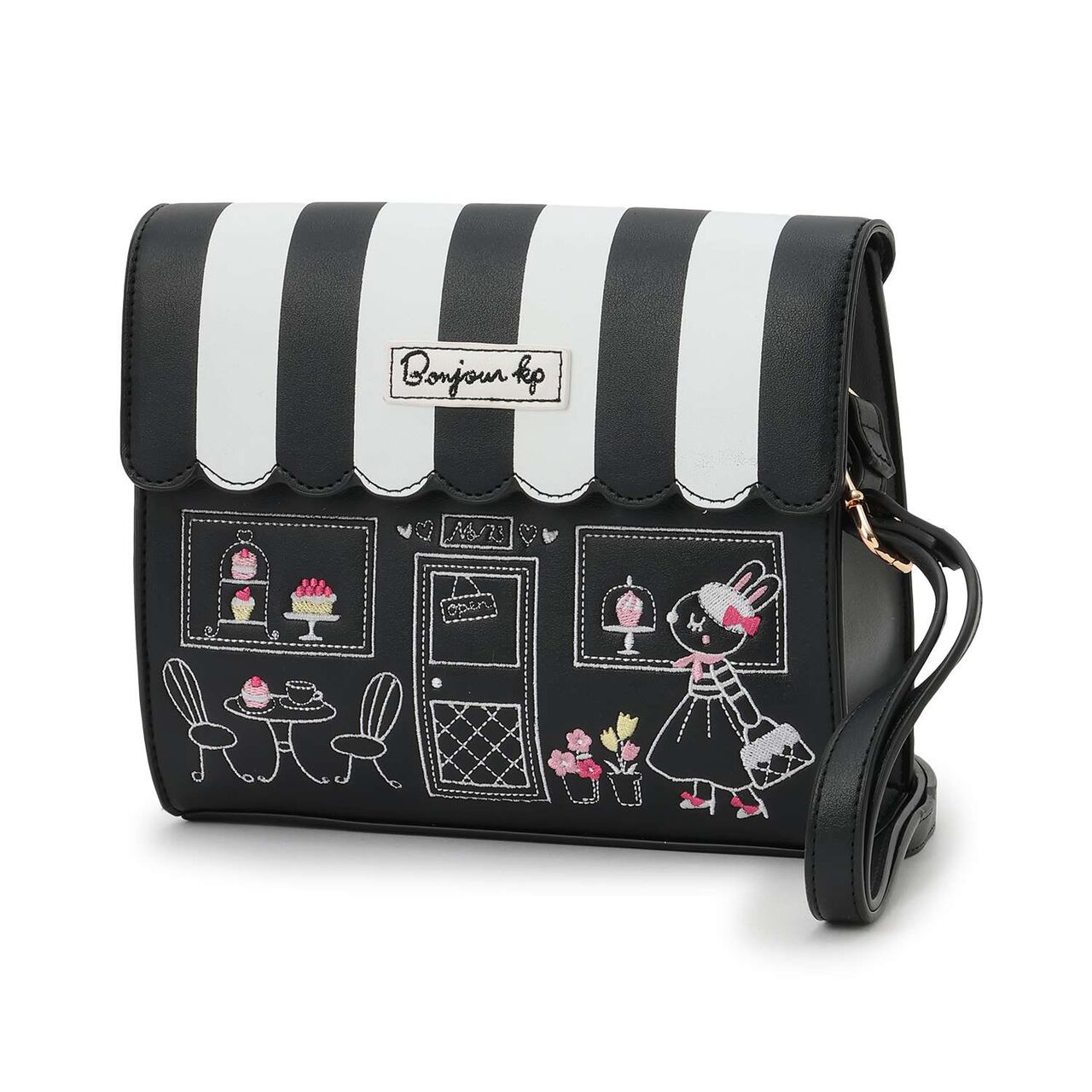 House-Shaped Cafe Embroidery Shoulder Bag,Black, large image number 0