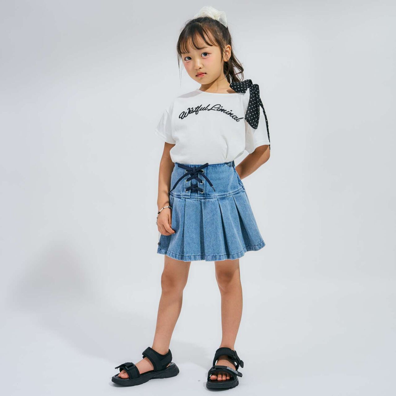[Lace-Up Denim Skirt with Inner Pants],Blue, large image number 3