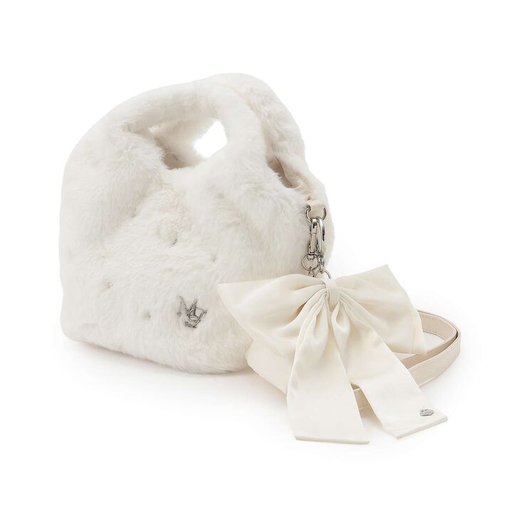 Faux Fur Shoulder Bag with Pearl & Rhinestone Accents,Ivory, medium image number 3