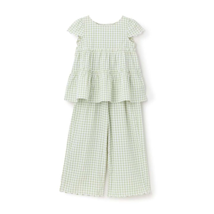 Assorted All-Over Pattern Tiered Blouse & Scallop Trim Pants Set,Emerald green, medium image number 4