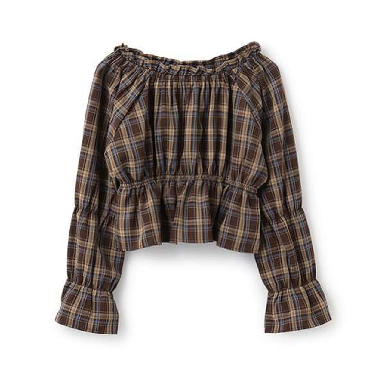 Checked Off-Shoulder Blouse,Brown, large image number 10