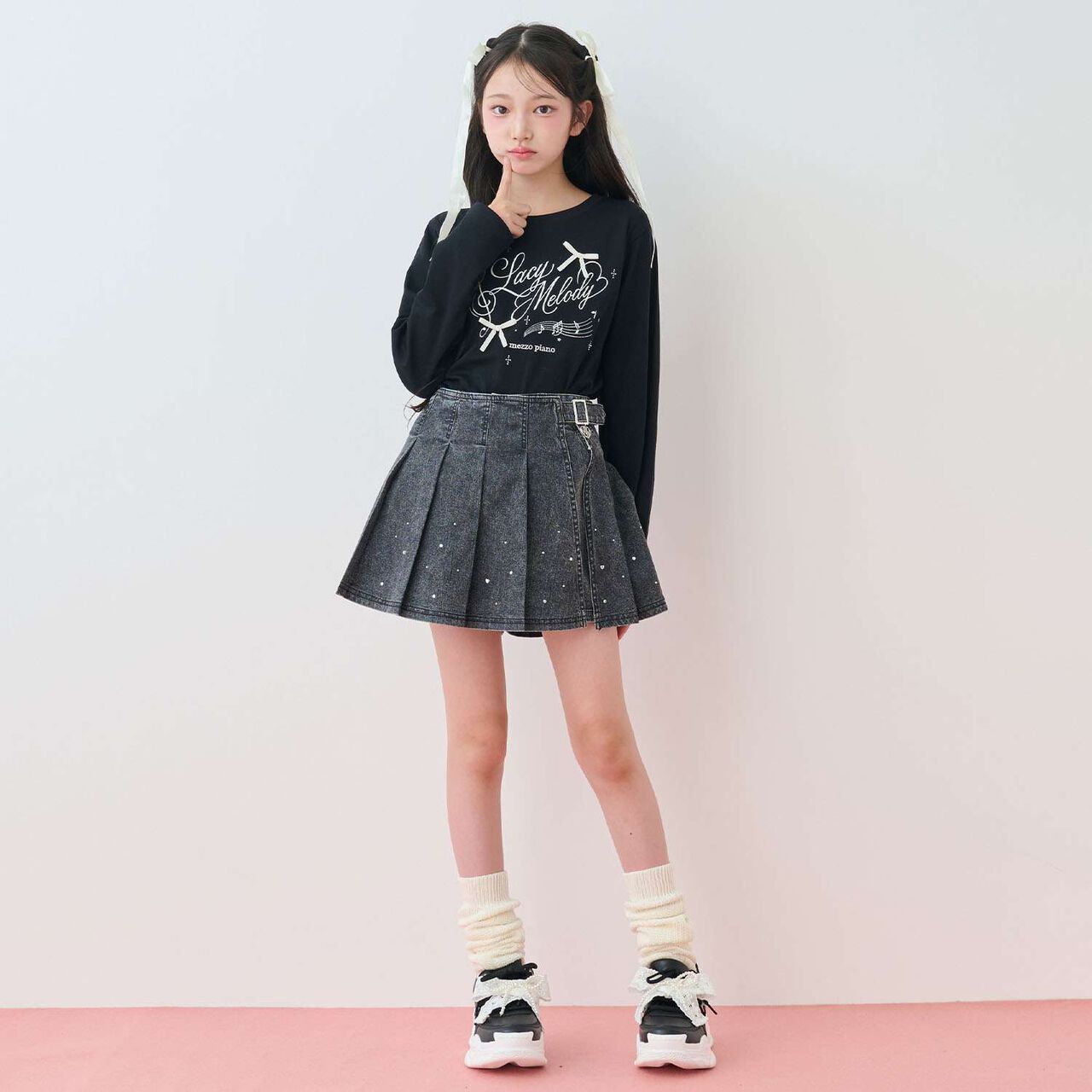 Pearl Lace Ribbon Dad Sneakers,Black, large image number 12