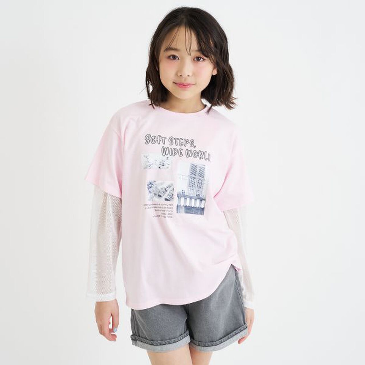 Mesh Sleeve Combination Big T-Shirt,Pink, large image number 0