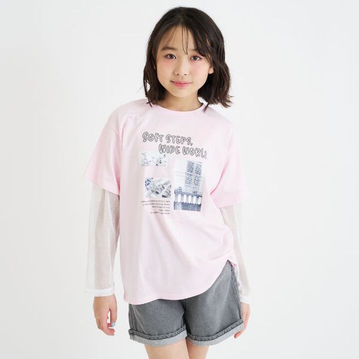 Mesh Sleeve Combination Big T-Shirt,Pink, medium image number 0