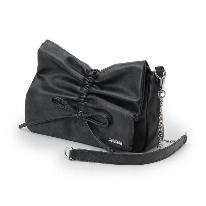 Faux Leather Ribbon Shirred Shoulder Bag,, medium